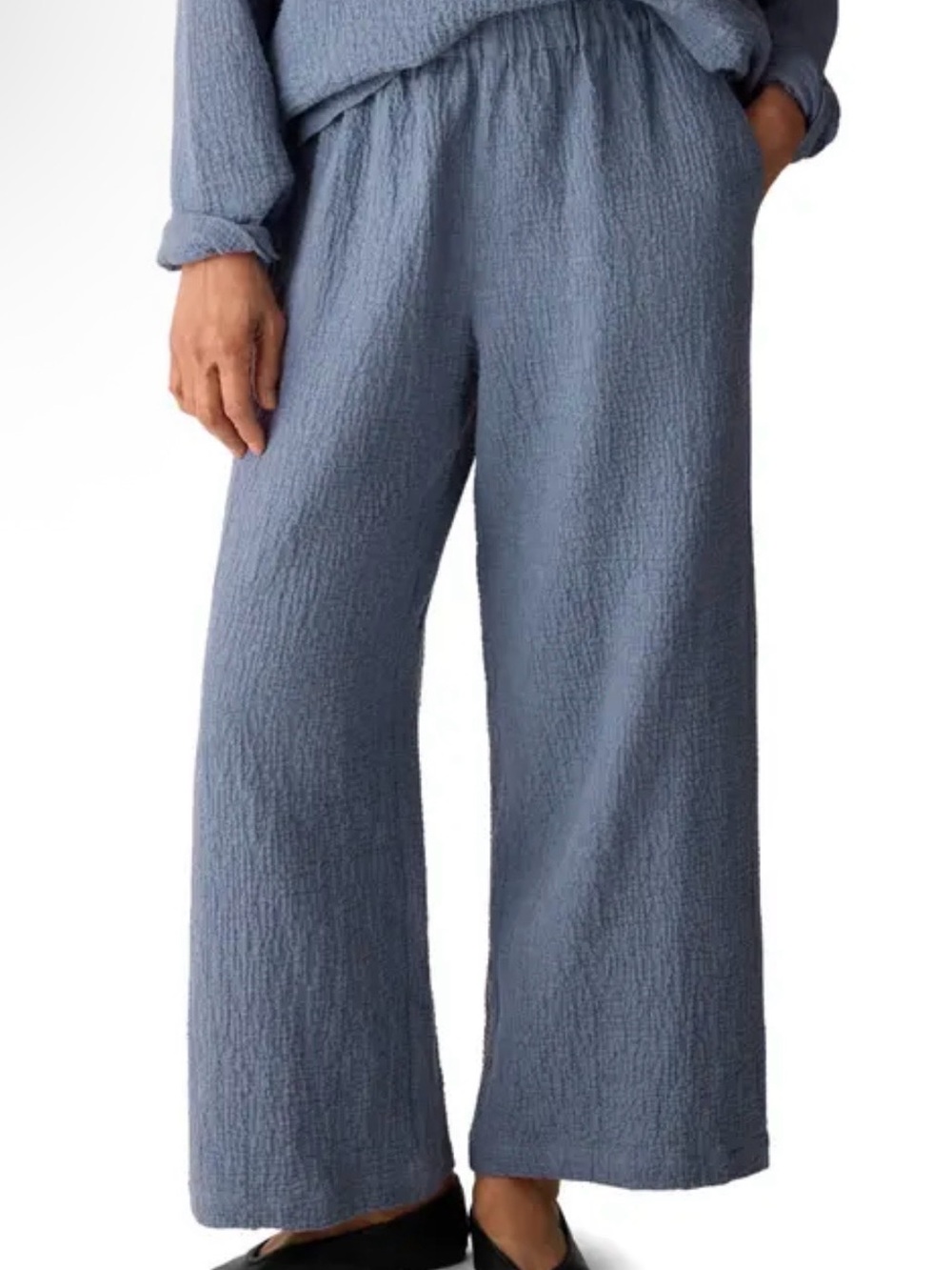 Eileen Fisher Organic Cotton Double Weaved Blue Textured Wide Leg Pants